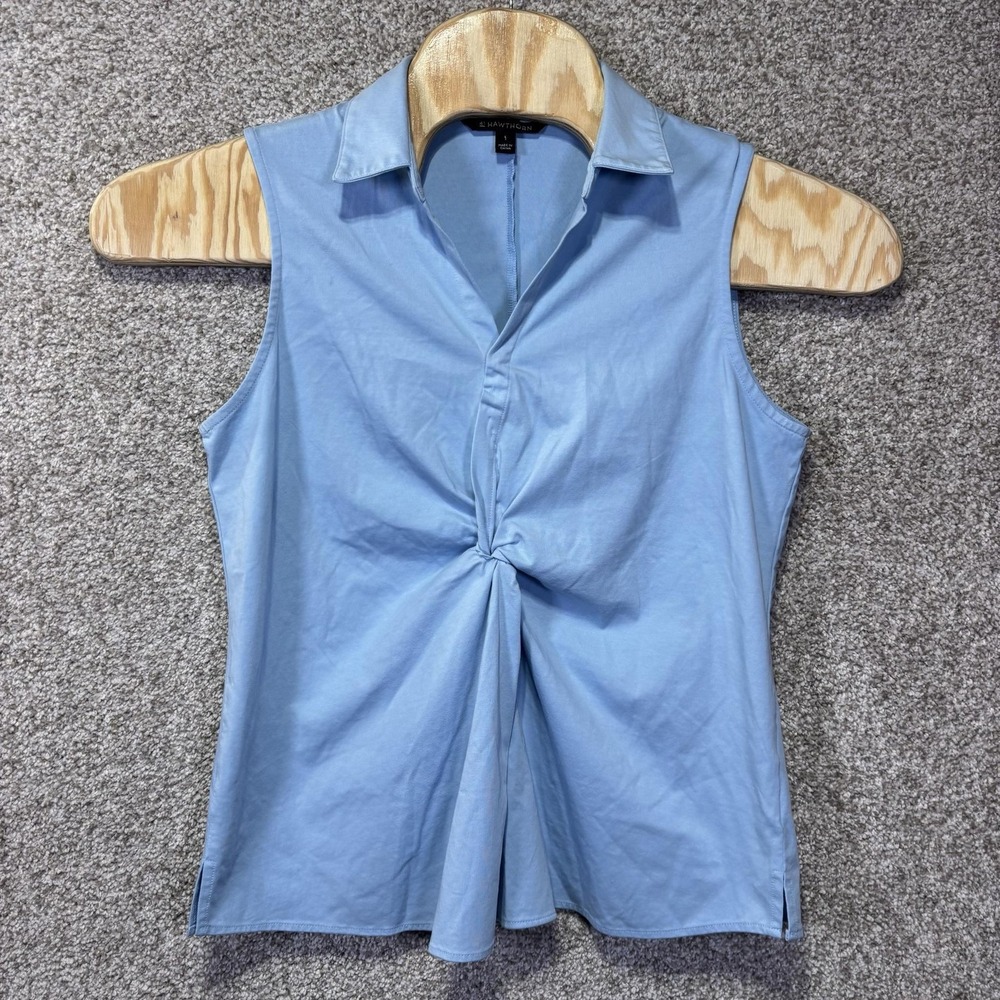 41 Hawthorn Blouse Womens Large Blue Collared Twist Front Sleeveless Jersey Top